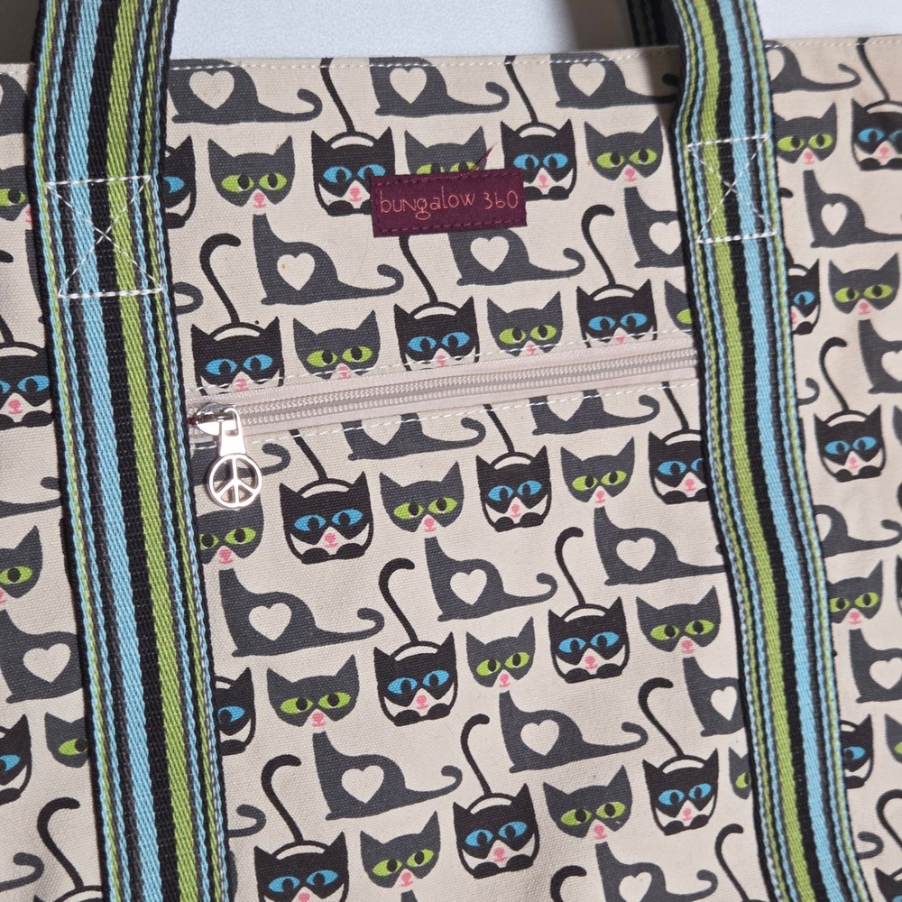Bungalow 360 Black Cat Canvas Tote Bag Vegan Peace Sign Zipper Green Blue Stripe